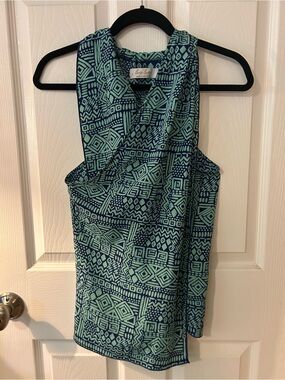 Blue & Mint Geometric Sleeveless Wrap Top